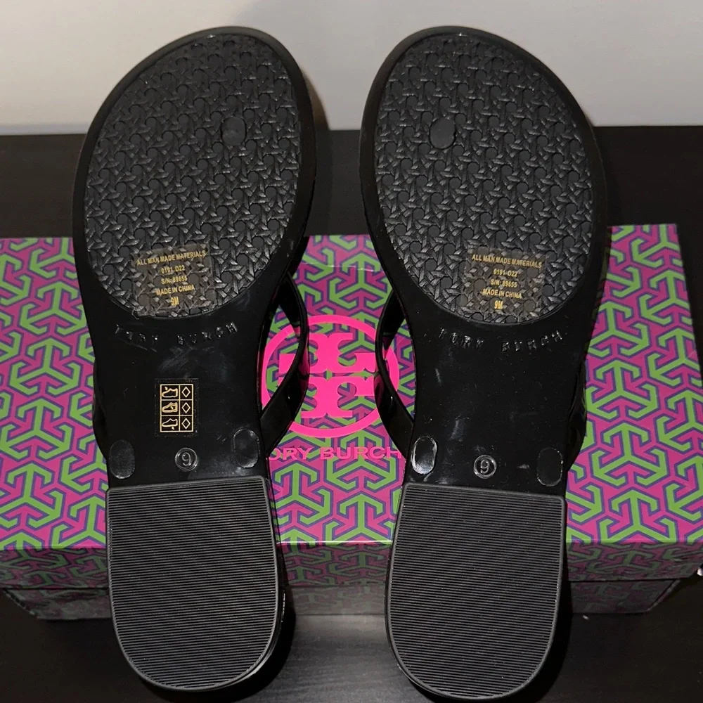 NEW! Tory Burch Glossy Black Studded Jelly Women's Thong Sandal - Picture 3 of 5